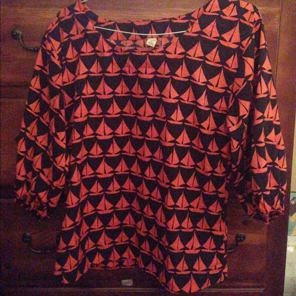 Navy and Coral Sailboat 3/4 Sleeve Blouse
