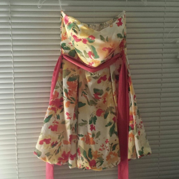 Satin Floral Strapless Mini Skater Dress