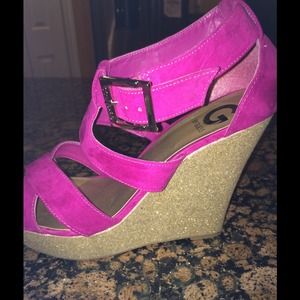 Guess gold glitter and fuchsia platform wedges