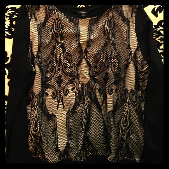 GUESS: cream + black lace over lay sweater