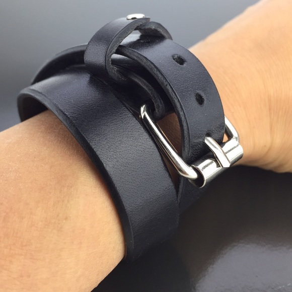 Genuine Leather Wrap Strap Bracelet Black Nickel - Picture 3 of 4