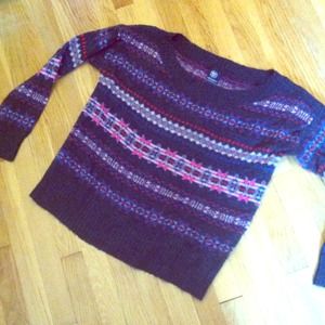 Dark grey boat neck sweater with colorful pattern