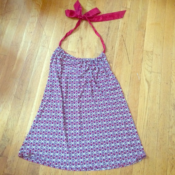 Dark red pattern mini dress with satin red tie - Picture 1 of 3