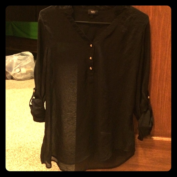 Black sheered button v-neck blouse - Picture 1 of 2