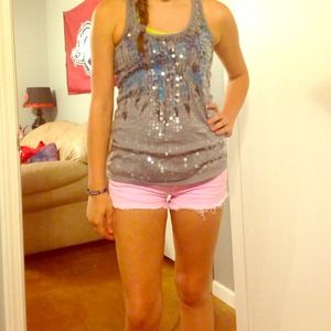 Sequin top with cute pink denim shorts