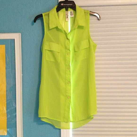 Sheer neon yellow collared chambray shirt