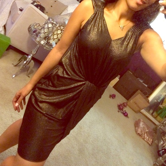 Saks Fifth Avenue Gold Mesh Drape Dress Sz Small - Picture 1 of 4