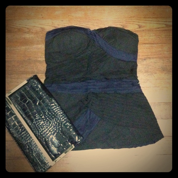Akira navy and black strapless pin tucked top