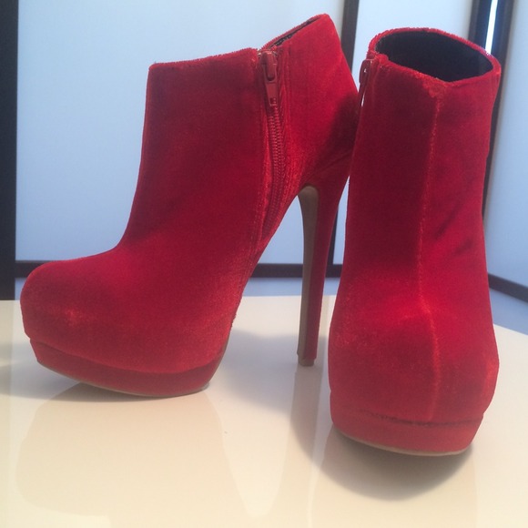 Shoes - Red Crushed Velvet Booties