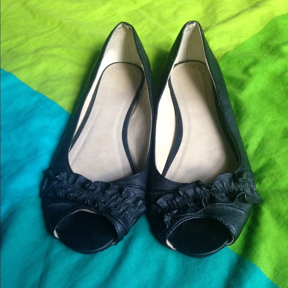 Wanted Ruffle Black Peep Toe Flats
