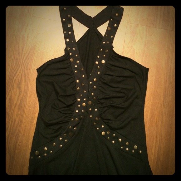 NWT brass studded little black halter dress