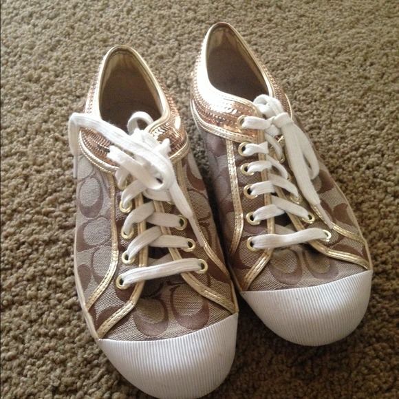 Coach sneakers tan/brown with sequins. - Picture 1 of 3
