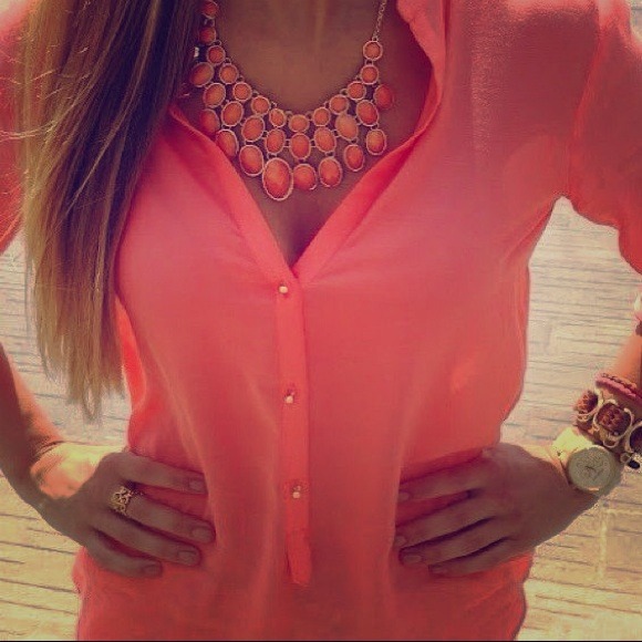 Coral button down chiffon blouse small