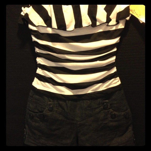 One piece striped tube top and jeans shorts