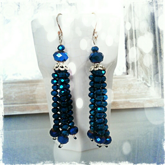 Dangly sparkly tassle earrings - metallic blue