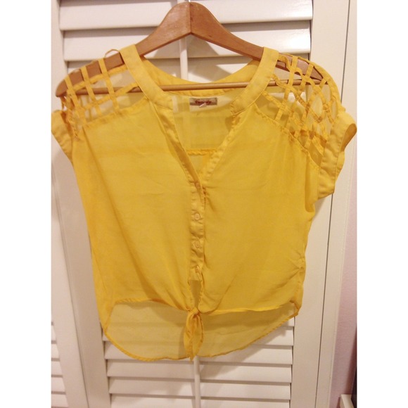 Cute yellow sheer top open shoulder