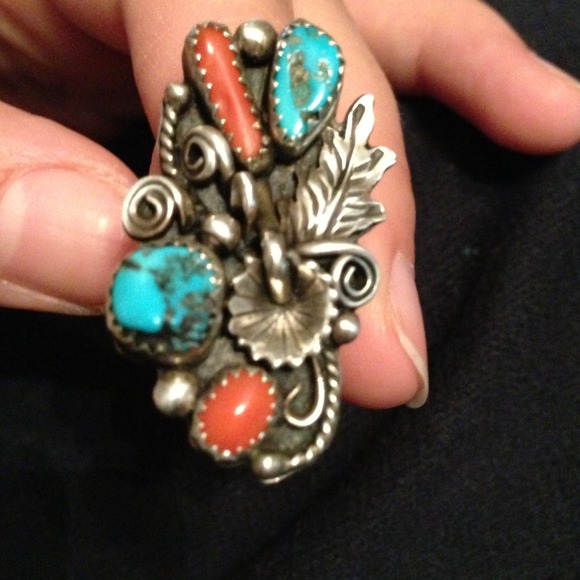 Turquoise and Coral sterling silver ring