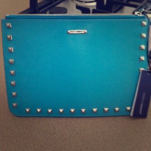 Rebecca mink off turquoise clutch
