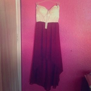 White/tan laced top dress with reddish/Burgundy.
