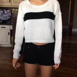 White cropped sweater with black stripe