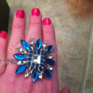 Teal Green and clear rhinestone stretchy ring