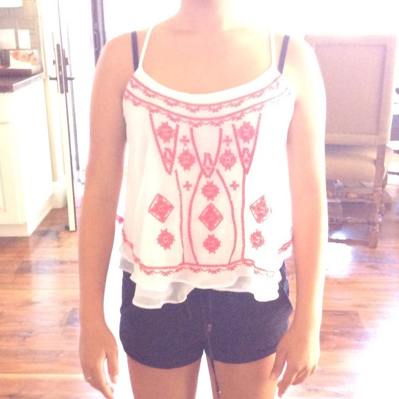 White flowy top with hot pink embroidery - Picture 1 of 2