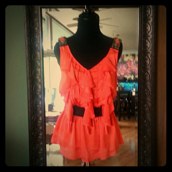 Coral Blouse, Cream Tank, black top, and shoes