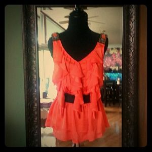 Coral Blouse, Cream Tank, black top, and shoes