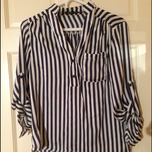 Navy and cream striped blouse