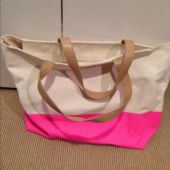 J. Crew Handbags - SOLD Jcrew Neon Pink and Beige Canvas Beach Bag