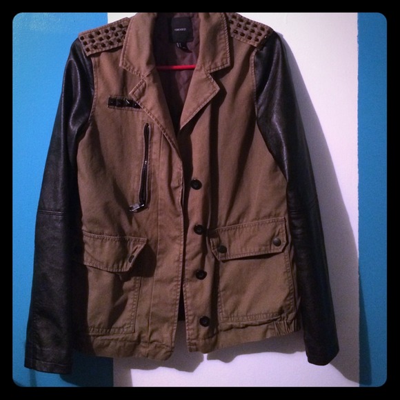Army Green Jacket with Leather Sleeves