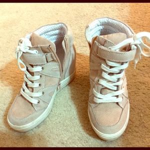 Aldo Light pink sneaker high heel wedges.