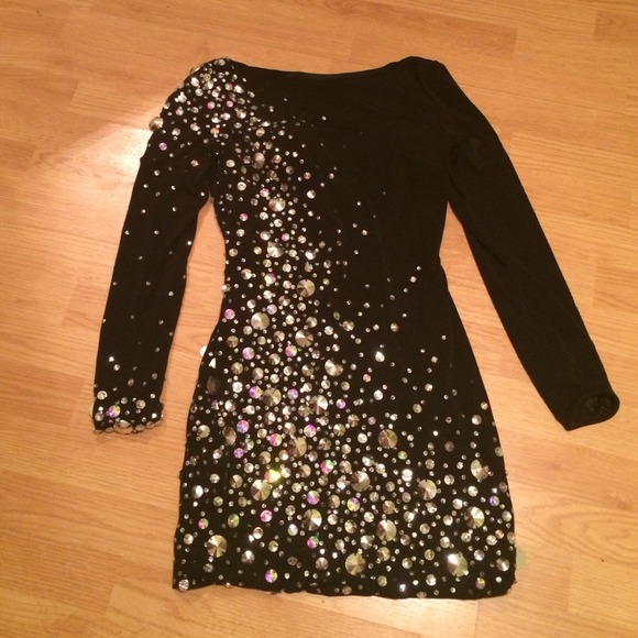 Long sleeved black jeweled party dress
