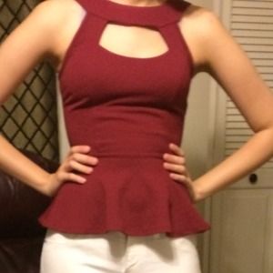 NWT Burgundy Cutout Peplum Top