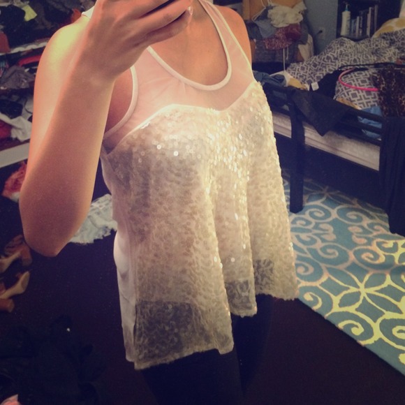Cream Sequin Mesh Tank Top - Picture 1 of 3