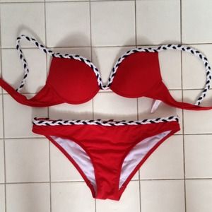 Red white and blue bathing suit set.