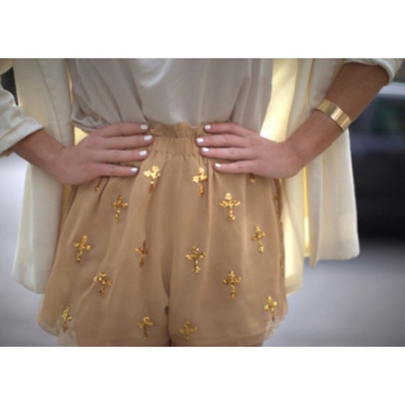 ✖️️️️SOLD✖️Nude Beige Chiffon Sequin Cross Shorts - Picture 2 of 2
