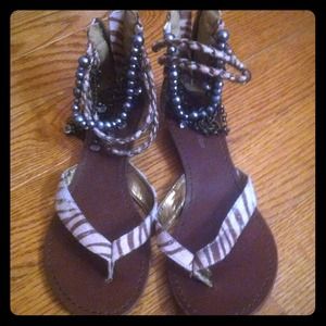 Brown beaded and zebra thong sandal