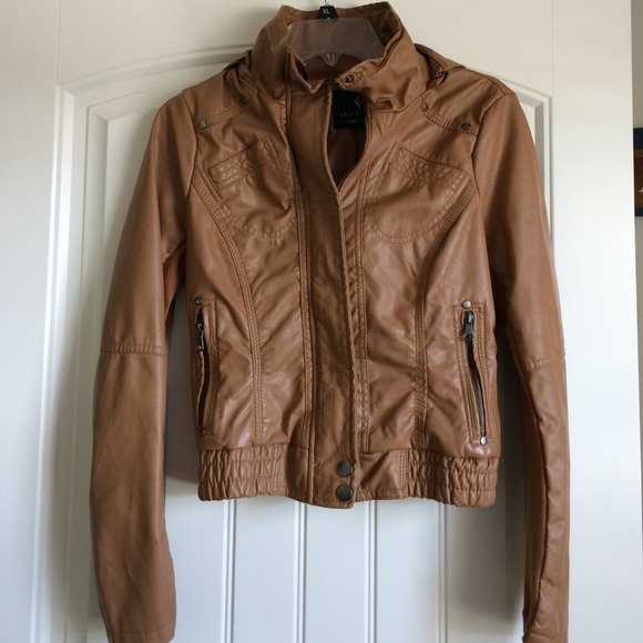 Brown Faux Leather Jacket w/ detachable hood Sz S