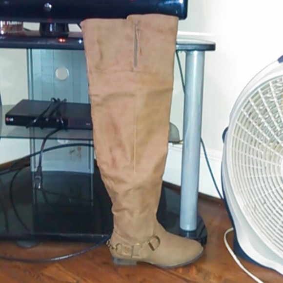 Camel color leather thigh length boots