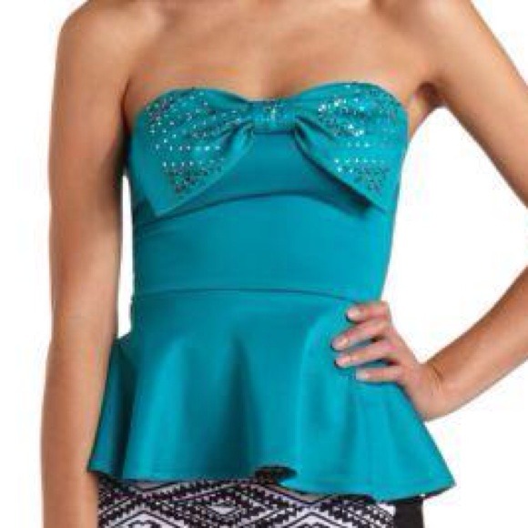 Strapless Teal bow peplum top - Picture 1 of 3