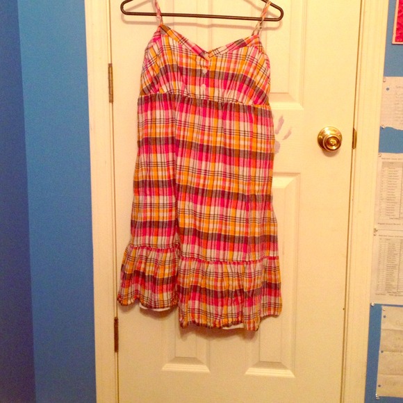 a pink, orange, and grey striped dress.