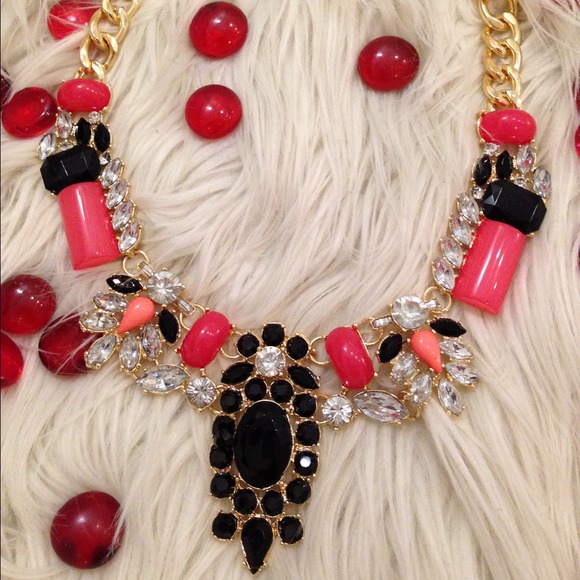 Pink and black stone necklace. Available in green