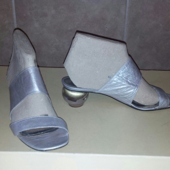 Silver Leather sandals with a clear ball heel.