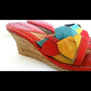 BOC BORN Red Leather Straw Wedge High Heel Sandals