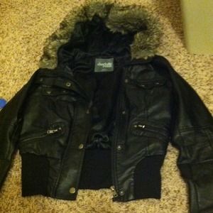 Black Leather jacket with fur hood