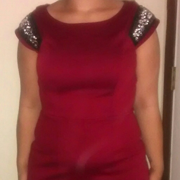red with beaded shoulder dress