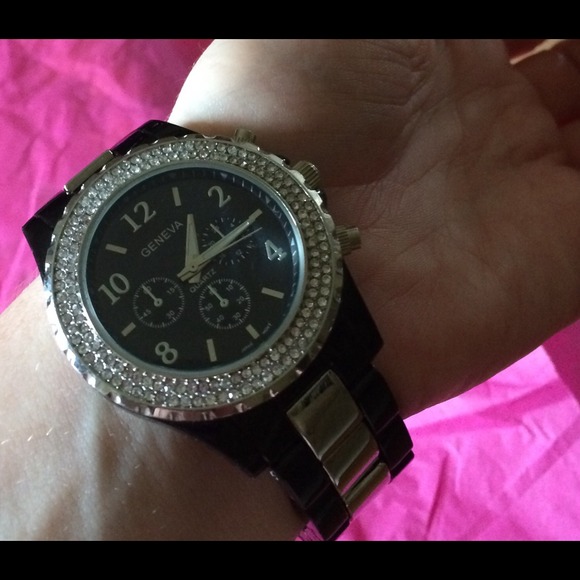 Beautiful Black and Silver Watch with diamond face
