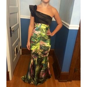 Black and peacock design one shoulder prom dress
