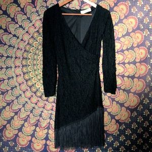 Lace and fringe faux wrap vintage dress